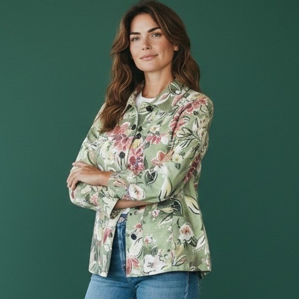 ALIA Women's Size 10 Jacket/Blazer Spring Floral Lime Green & Pink Soft Pockets